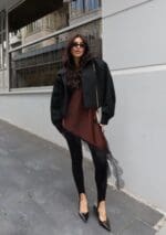 Brown satin top with black lace - Image 3
