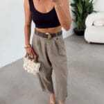 High Waist Khaki Pleated Trousers