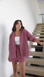 Burgundy Striped Shirt and Shorts Set - Image 2