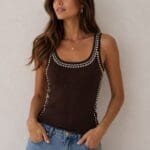 Brown Ribbed Tank Top With Stud Detail