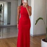 Sleeveless Red Maxi Dress With Stud Details