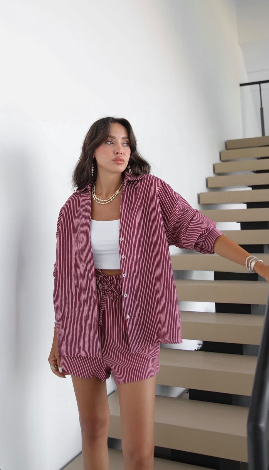 61dddc61-fd6b-4be4-b70d-b51fb2beb971.jpeg Burgundy Striped Shirt and Shorts Set - Image 1