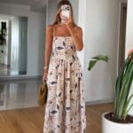 Beige Floral Print Midi Sundress